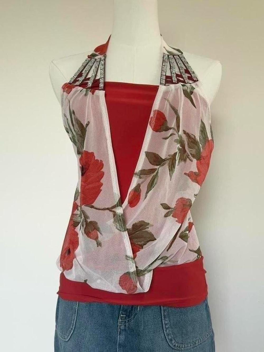 Vintage Red Floral Halter Camisole with rhinestone Straps